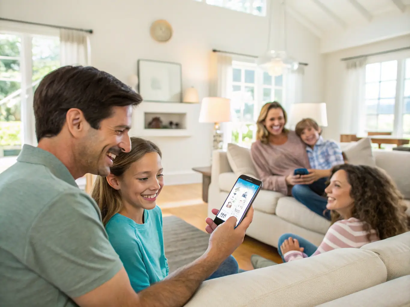 A family interacting with a smart home interface on a tablet, controlling lights, security cameras, and thermostat settings in their living room.