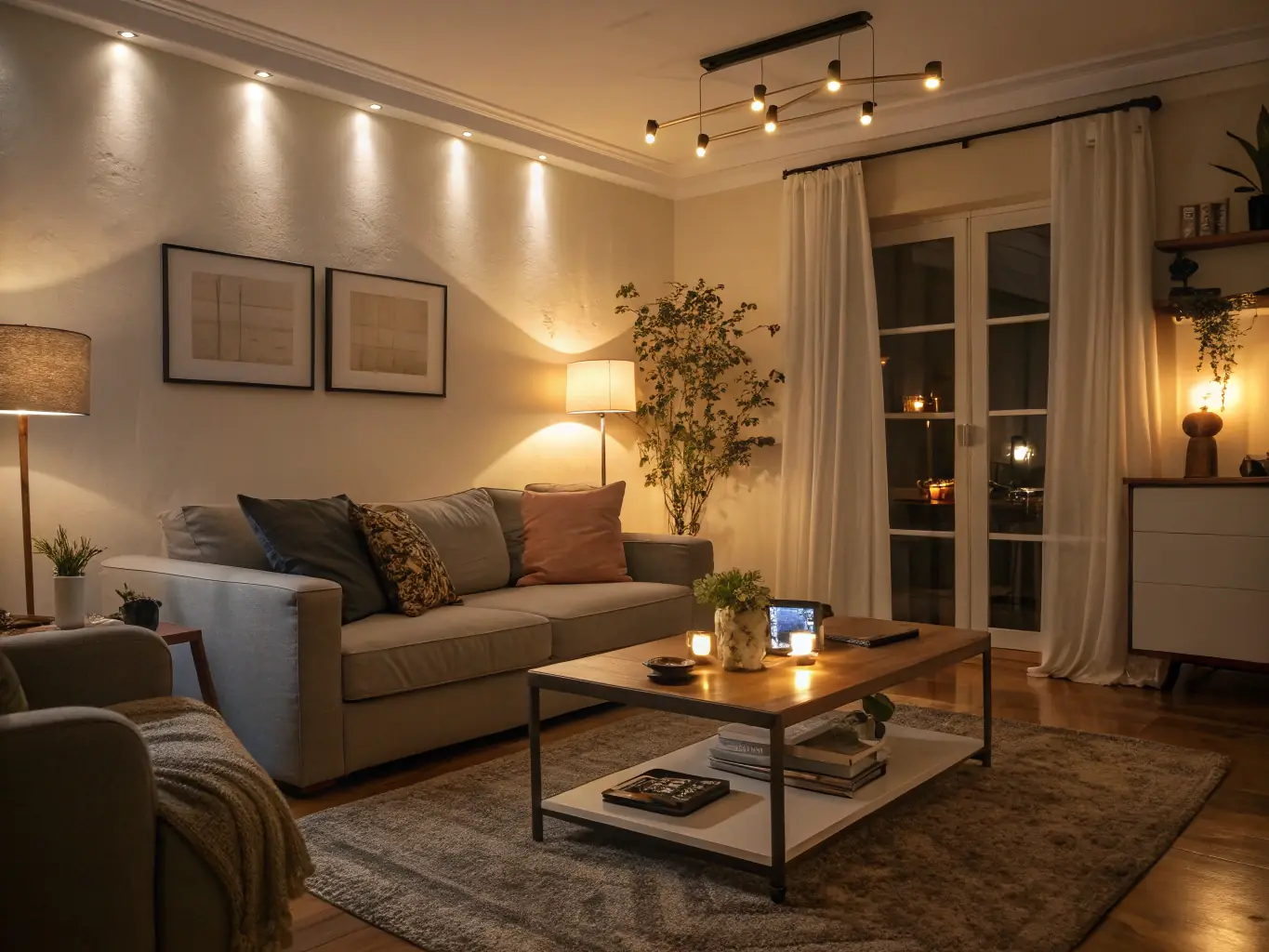 A modern, well-lit living room showcasing newly installed recessed lighting and updated electrical outlets, emphasizing a comfortable and safe residential environment.