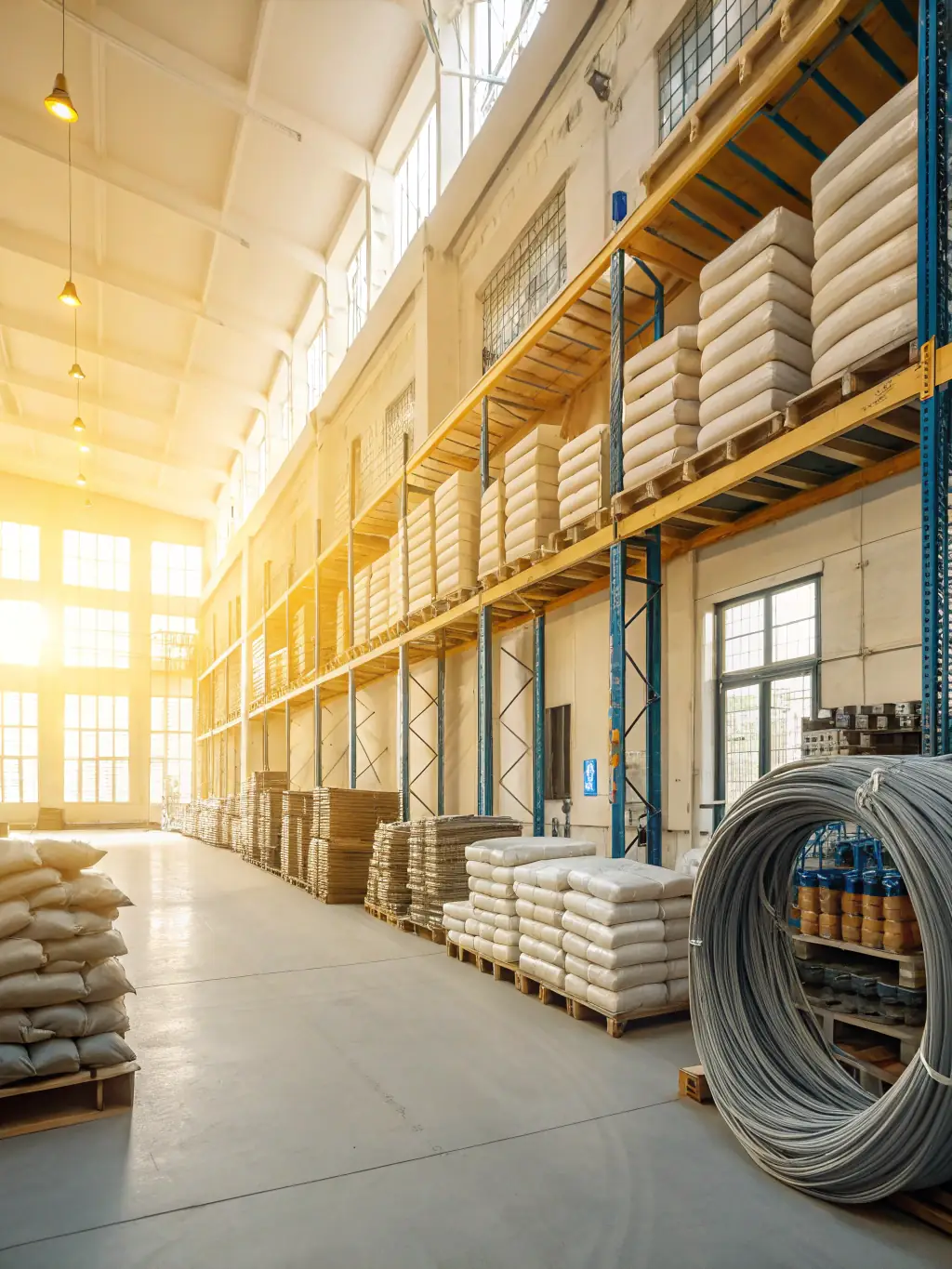 A large warehouse with advanced electrical systems and distribution panels, focusing on industrial-grade power solutions.