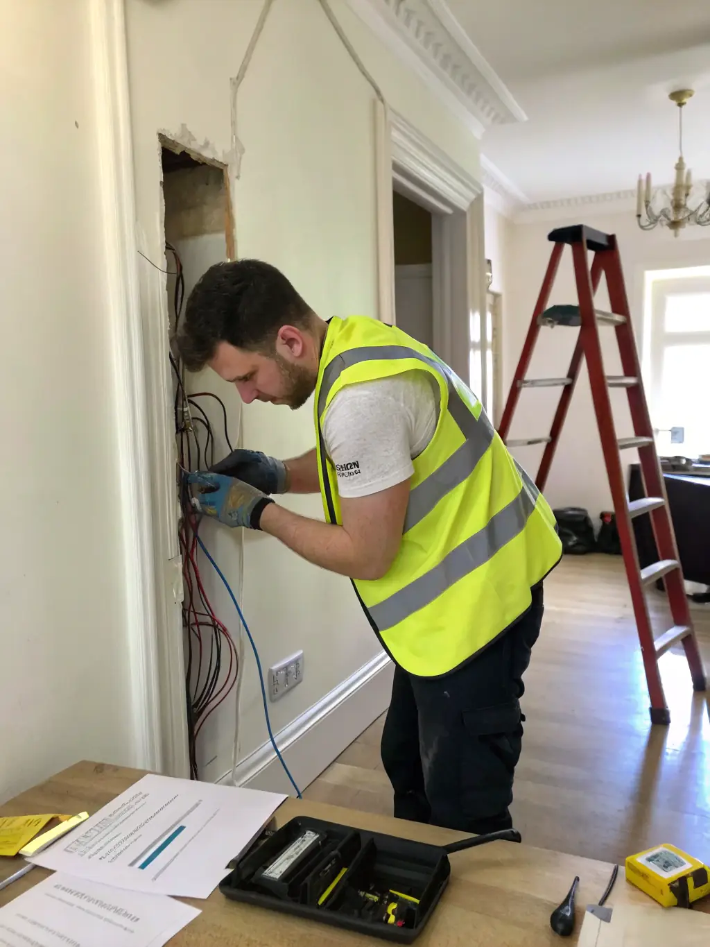An electrician inspecting electrical wiring in a commercial kitchen, highlighting safety and compliance.