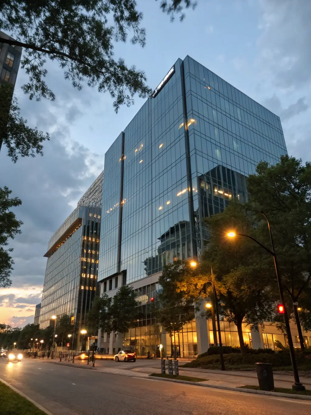 A modern office building with visible electrical conduits and panels, showcasing a commercial electrical installation.