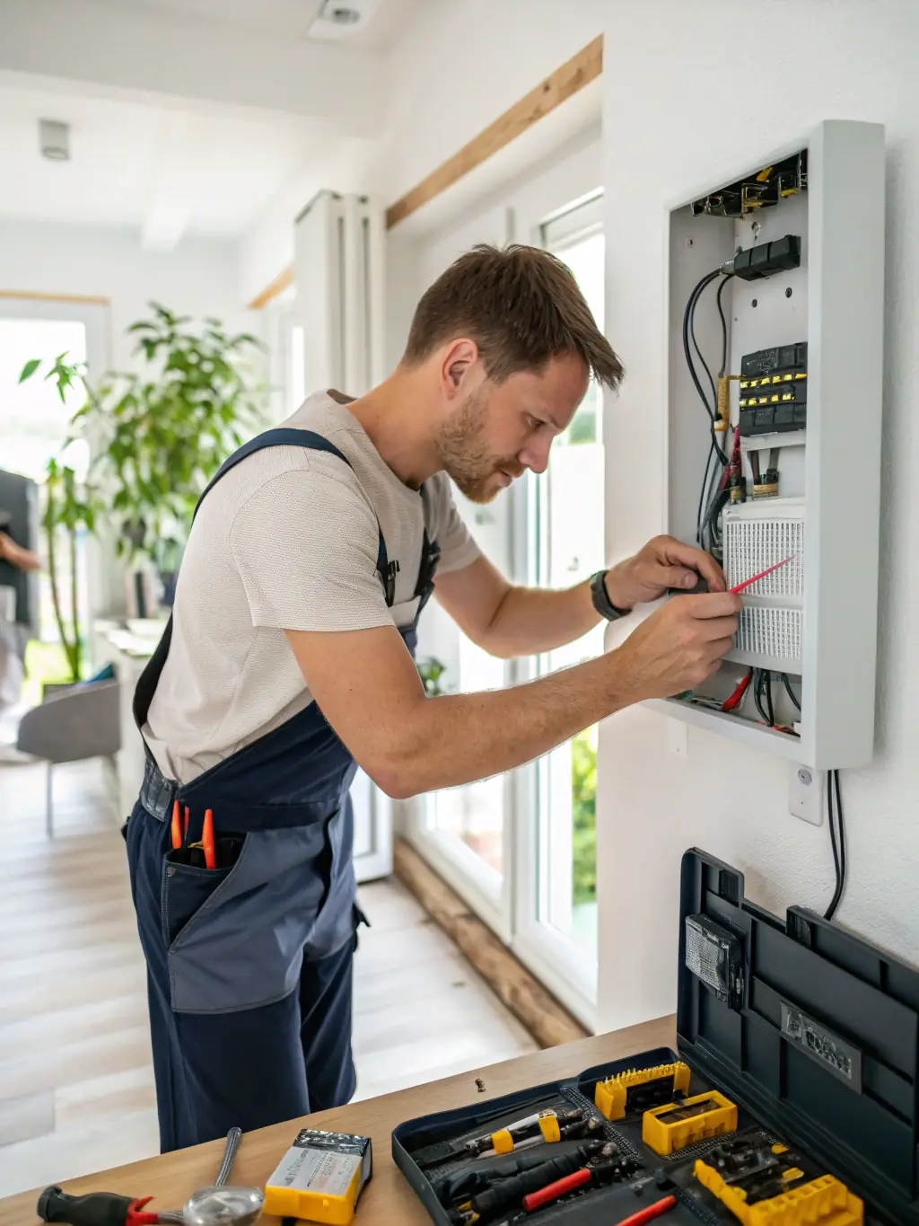 A high-angle shot of a VoltMaster LLC electrician installing a modern electrical panel in a residential home, showcasing precision and attention to detail.