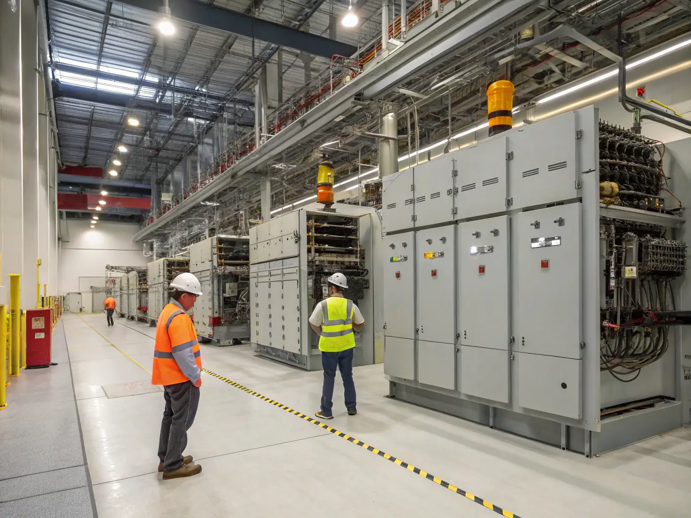 A bustling office environment with visible electrical conduits and distribution panels, illustrating the complexity and reliability of commercial electrical systems. The image should convey professionalism and safety.