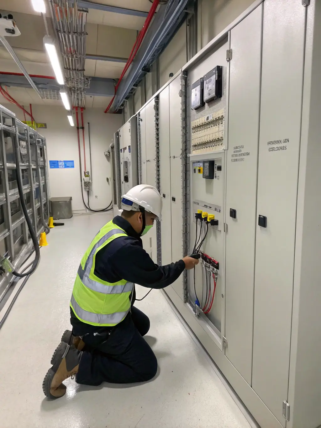 A VoltMaster LLC technician performing maintenance on an industrial power distribution system, highlighting the company's expertise in complex electrical systems.