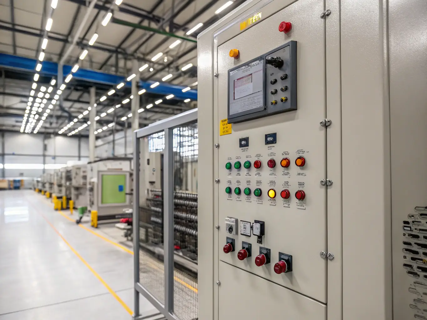 A high-tech industrial setting with complex machinery and advanced electrical systems, emphasizing the robustness and reliability of industrial electrical solutions. The image should highlight power and precision.